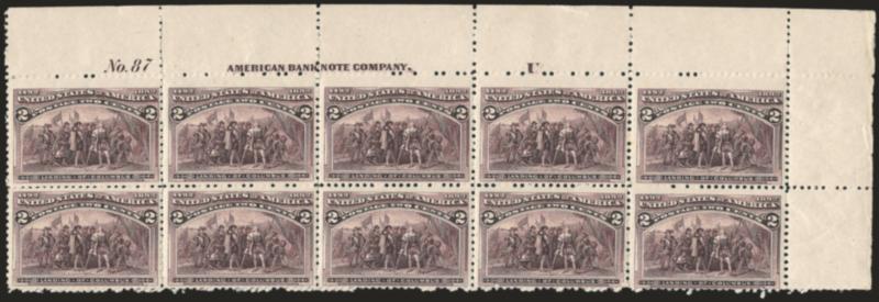 2c Columbian, Broken Hat (231 var).> Mint N.H. top right corner imprint, plate no. 87 and letter U block of ten, deep rich color and proof-like impression, <each stamp shows clear broken hat>, Pos. 7 tiny thin
speck, Fine appearance, attractive pla