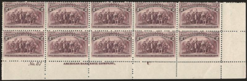 2c Columbian, Broken Hat (231 var).> Mint N.H. bottom right imprint, plate no. 87 and letter U block of ten, deep rich color and proof-like impression, virtually every position shows the variety to varying
degree, Fine, impressive multiple