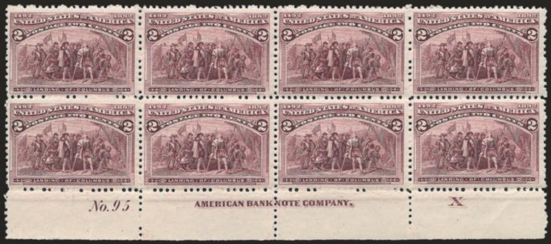 2c Columbian (231).> Mint N.H. bottom imprint, plate no. 95 and letter X at right block of eight, bright color, fresh and Fine-Very Fine