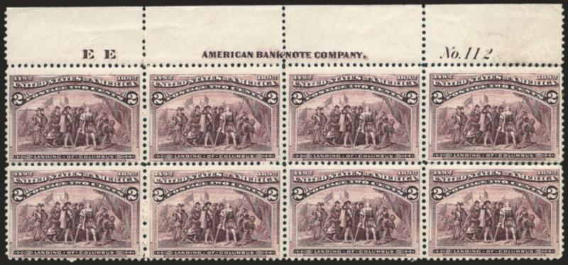 2c Columbian (231).> Top imprint, plate no. 112 and letter E E at left block of eight, original gum, lightly hinged, some perf separations sensibly reinforced, otherwise Fine