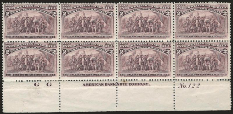 2c Columbian (231).> Bottom imprint, plate no. 122 and letter G G at left block of eight, original gum, bit heavy h.r., bright shade, few perf separations, thin spots affect left stamps, otherwise Fine