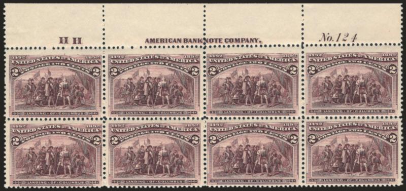 2c Columbian (231).> Mint N.H. top imprint, plate no. 124 and letter H H at left block of eight, intense shade and impression, fresh and Fine-Very Fine