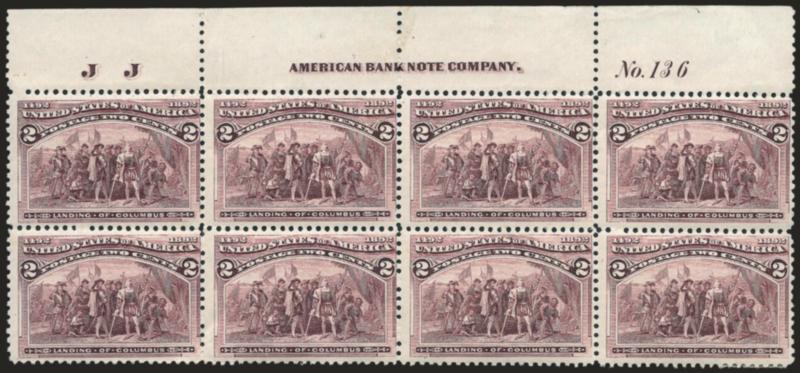 2c Columbian (231).> Top imprint, plate no. 136 and letter J J at left block of eight, original gum, h.r. at bottom right, usual natural gum bends with one a trifle heavy at left, Fine