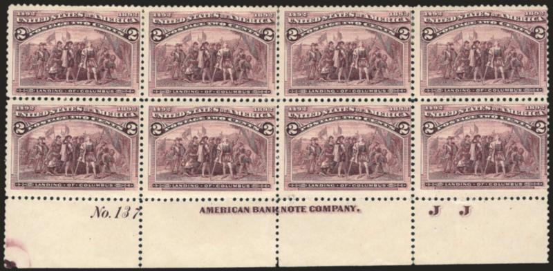 2c Columbian (231).> Bottom imprint, plate no. 137 and letter J J at right block of eight, h.r. at top, bright color, naturally short gum at bottom, few slightly telescoped perfs, Fine
