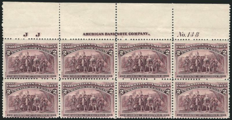 2c Columbian (231).> Mint N.H. top imprint, plate no. 138 and letter J J at left block of eight, rich color, few slightly telescoped perfs at top left, Fine