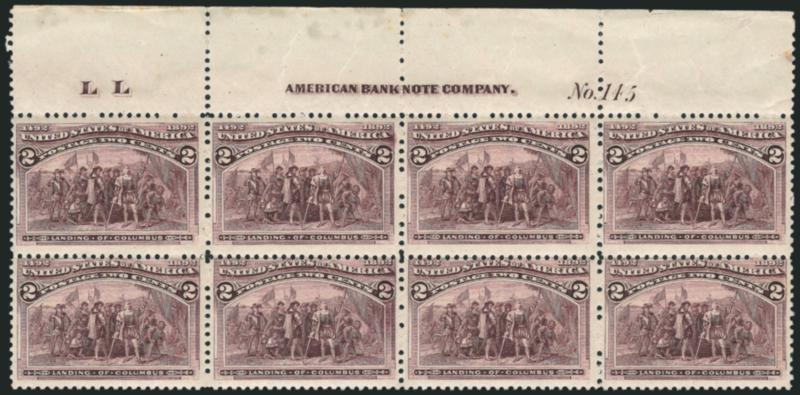 2c Columbian (231).> Mint N.H. top imprint, plate no. 145 and letter L L at left block of eight, crisp impression, bit heavy natural gum bends and wrinkles, small flaws in selvage, otherwise Fine