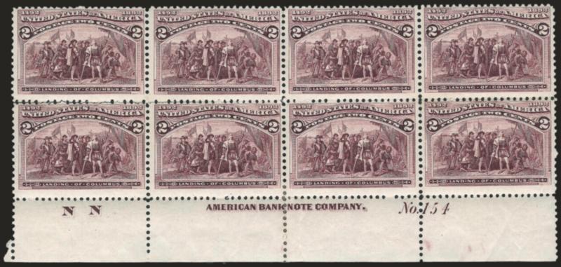 2c Columbian (231).> Bottom imprint, plate no. 154 and letter N N at left block of eight, original gum, h.r. at bottom center, rich color, perf separations throughout, otherwise Fine