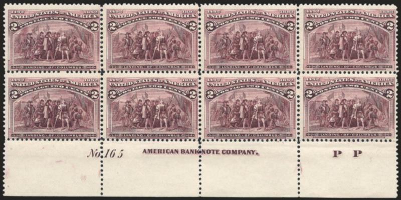 2c Columbian (231).> Bottom imprint, plate no. 165 and letter P P at right block of eight, original gum, lightly hinged, few perf separations, Fine