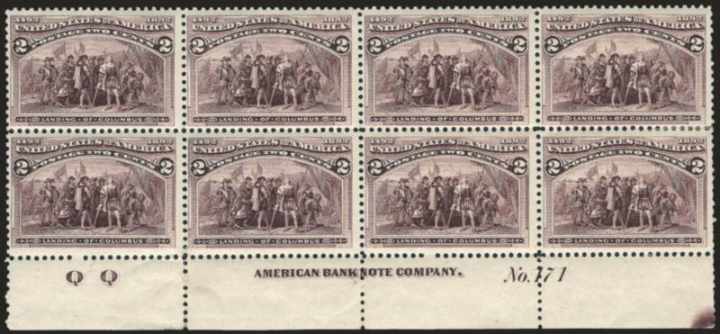 2c Columbian (231).> Bottom imprint, plate no. 171 and letter Q Q at left block of eight, original gum, h.r. at right, rich color, some slight toning on back, Fine