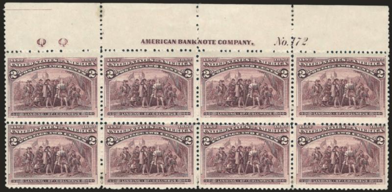 2c Columbian (231).> Top imprint, plate no. 172 and Q Q at left block of eight, original gum, lightly hinged, naturally short gum at top, few expertly rejoined perfs at top causing light gum soaks, left stamps
vertical crease, appears Fine-Very Fin