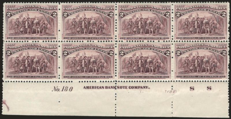 2c Columbian (231).> Mint N.H. bottom imprint, plate no. 180 and letter S S at right block of eight, bright shade, few short perfs at left, otherwise Fine-Very Fine