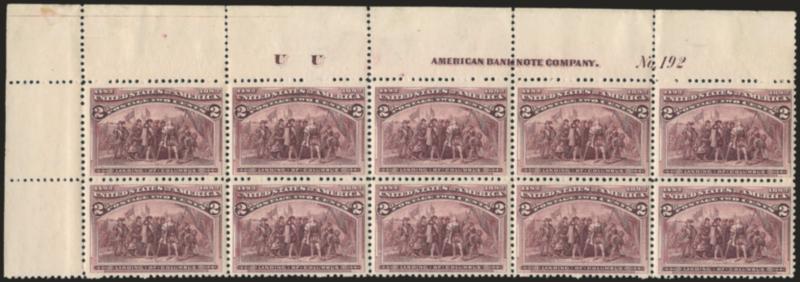 2c Columbian (231).> Top left corner imprint, plate no. 192 and letter U U block of ten, stamps Mint N.H., few perf separations in selvage expertly reinforced, Very Fine, Scott Retail as hinged plate block and
two Mint N.H. singles