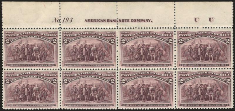 2c Columbian (231).> Mint N.H. top imprint, plate no. 193 and letter U U at right block of eight, rich color, beautiful centering, light natural gum crease at bottom left, few minor perf separations, Very Fine
and choice