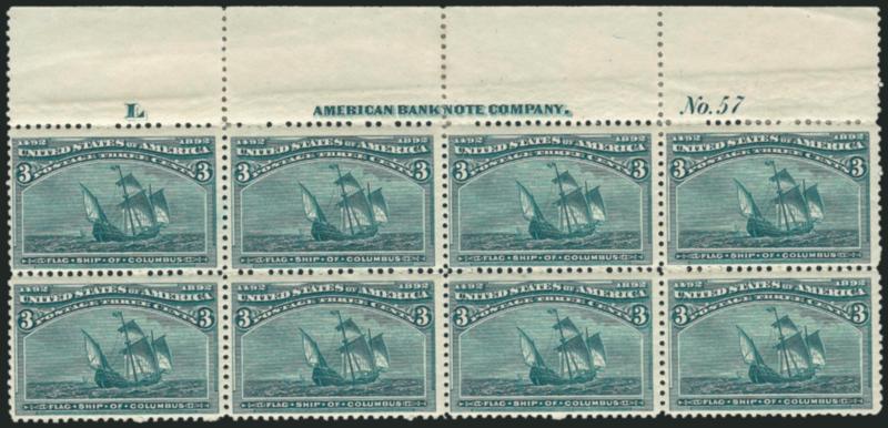3c Columbian (232).> Top imprint, plate no. 57 and letter L at left block of eight, original gum, h.r. at top where some perf separations reinforced, bright color, Fine