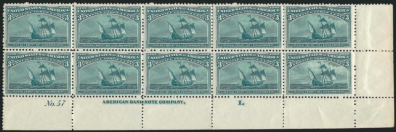 3c Columbian (232).> Mint N.H. bottom right imprint, plate no. 57 and letter L block of ten, bright color, detailed impression, slight natural gum bends, selvage separations, Fine-Very Fine