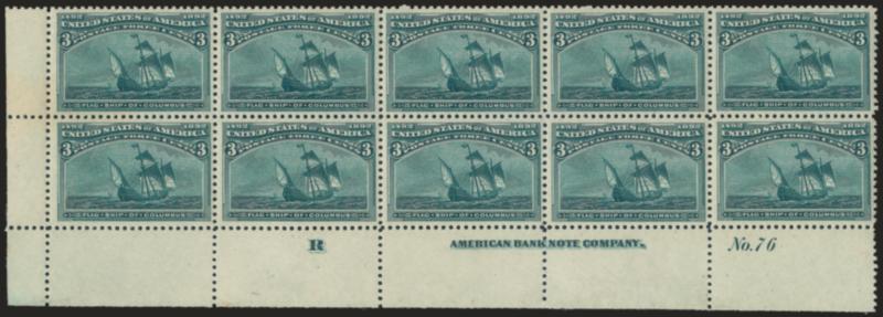3c Columbian (232).> Mint N.H. bottom left corner imprint, plate no. 76 and letter R block of ten, choice centering throughout, rich color and detailed impression, Pos. 2 small natural inclusion visible only on
back of stamp<><>^EXTREMELY FINE. A