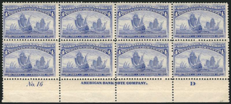 4c Columbian (233).> Bottom imprint, plate no. 16 and letter D at right block of eight, original gum, lightly hinged, radiant color, fresh and Fine