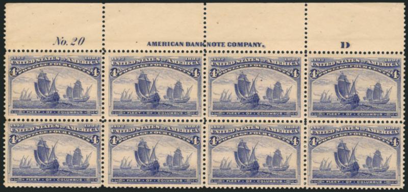 4c Columbian (233).> Top imprint, plate no. 20 and letter D at right block of eight, slightly disturbed original gum with some toned spots, intense shade, Fine-Very Fine