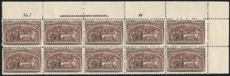 5c Columbian (234).> Mint N.H. top right imprint, plate no. 7 and letter B block of ten, deep rich color and proof-like impression on bright paper, insignificant perf separation at left, Fine-Very Fine, a
magnificent Mint N.H. plate block with full