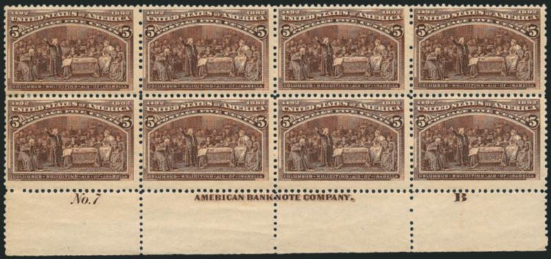 5c Columbian (234).> Bottom imprint, plate no. 7 and letter B at right block of eight, original gum, lightly hinged, rich color, few expertly reinforced perf separations at left, Fine