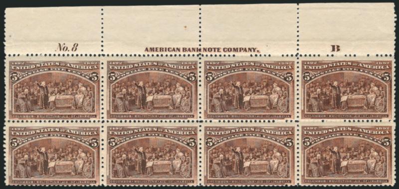 5c Columbian (234).> Top imprint, plate no. 8 and letter B at right block of eight, original gum, lightly hinged, couple perf separations expertly reinforced, bottom left stamp thin spot, appears Fine