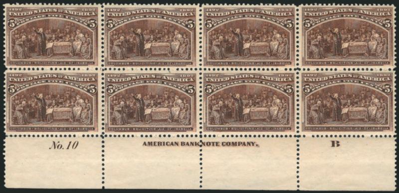 5c Columbian (234).> Mint N.H. bottom imprint, plate no. 10 and letter B at right block of eight, deep rich color and sharp proof-like impression, well-balanced margins<><>^VERY FINE AND CHOICE. A STUNNING MINT
NEVER-HINGED PLATE BLOCK OF THE 5-C