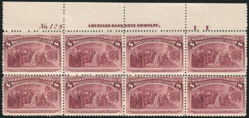 8c Columbian (236).> Mint N.H. top imprint, plate no. 129 and letter I I at right block of eight, rich color and proof-like impression<><>^FINE-VERY FINE. AN ATTRACTIVE MINT NEVER-HINGED PLATE BLOCK OF THE
8-CENT COLUMBIAN ISSUE^<><>The top rig