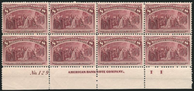 8c Columbian (236).> Bottom imprint, plate no. 129 and letter I I at right block of eight, original gum, stamps Mint N.H., deep rich color, detailed impression, few perf separations expertly rejoined in selvage
only at bottom left, Fine