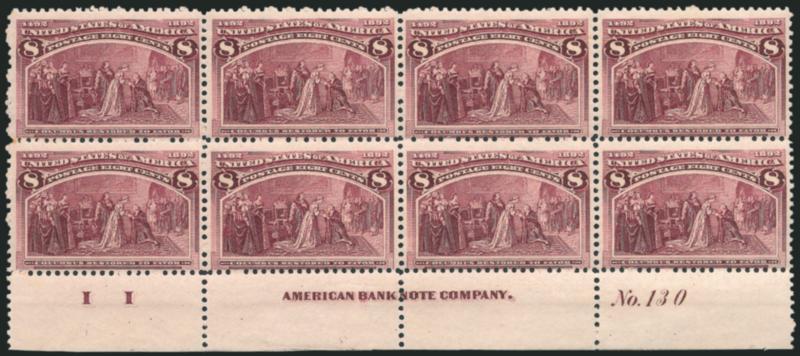 8c Columbian (236).> Bottom imprint, plate no. 130 and letter I I at left block of eight, original gum, Mint N.H. except traces of hinging in ungummed part of selvage, few perf separations, Fine, Scott Retail
as hinged