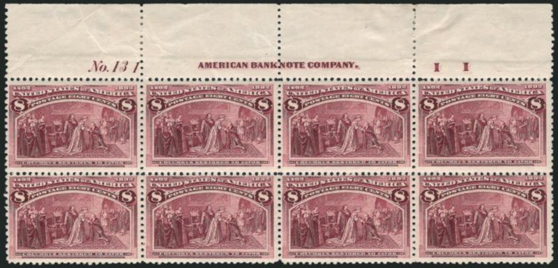 8c Columbian (236).> Top imprint, plate no. 131 and letter I I at right block of eight, original gum, bit heavy h.r. in selvage, stamps Mint N.H., rich color, few selvage flaws, Fine-Very Fine