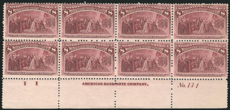 8c Columbian (236).> Bottom imprint, plate no. 131 and letter I I at left block of eight, original gum, h.r. at top, bottom stamps Mint N.H., brilliant color, fresh and Fine