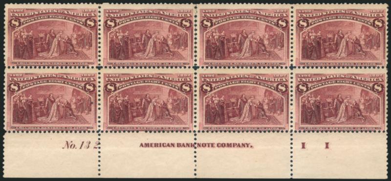 8c Columbian (236).> Bottom imprint, plate no. 132 and letter I I at right block of eight, lightly hinged except where some perf separations expertly reinforced, intense shade, Very Good-Fine