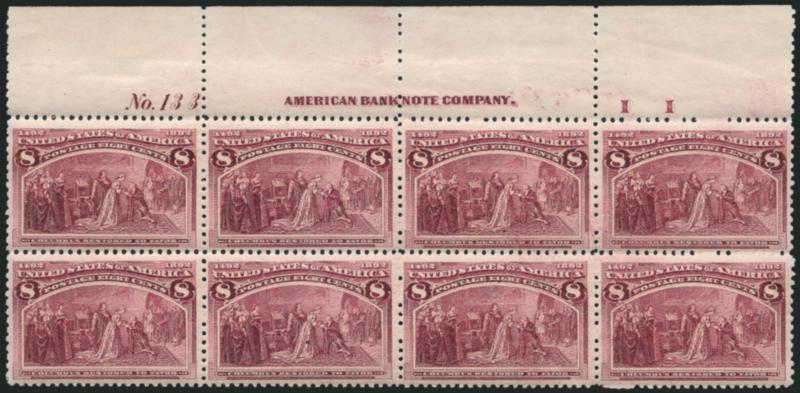 8c Columbian (236).> Mint N.H. top imprint, plate no. 133 and letter I I at right block of eight, rich color, natural wrinkling and small thin spot in selvage only, Fine-Very Fine