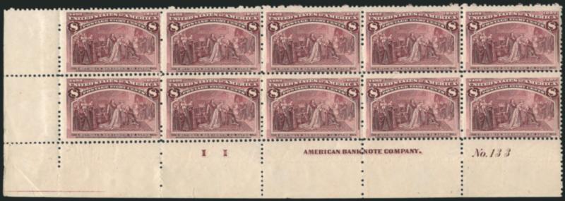 8c Columbian (236).> Mint N.H. bottom left imprint, plate no. 133 and letter I I block of ten, rich color and proof-like impression, natural crackly gum, tiny flaws in selvage, centered to bottom, Very
Good-Fine