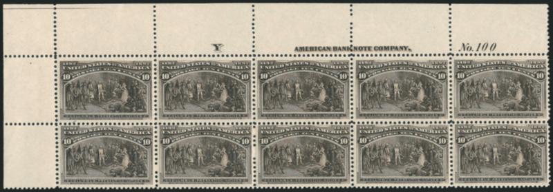 10c Columbian (237).> Mint N.H. top left imprint, plate no. 100 and letter Y block of ten, deep rich color and proof-like impression, well-balanced margins, Pos. 5 small internal crease<><>^VERY FINE-EXTREMELY
FINE. A BEAUTIFUL AND RARE MINT NEVE
