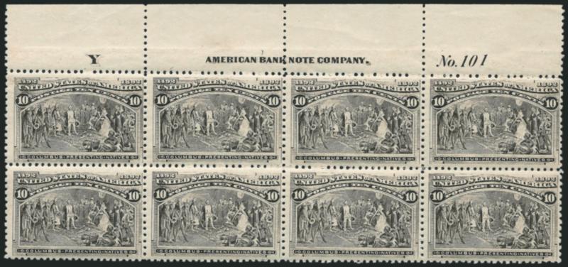 10c Columbian (237).> Mint N.H. top imprint, plate no. 101 and letter Y at left block of eight, bright grayish shade, crisp impression<><>^FINE-VERY FINE. A SCARCE MINT NEVER-HINGED TOP IMPRINT AND PLATE NUMBER
BLOCK OF EIGHT OF THE 10-CENT COLUM