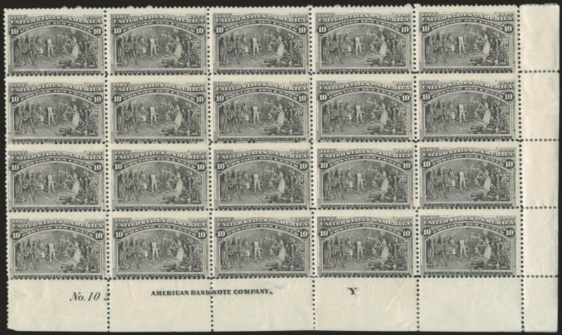 10c Columbian (237).> Bottom right imprint, plate no. 102 and letter Y block of 20, thirteen stamps Mint N.H. incl. eight non-plate block stamps, few h.r. where perf separations reinforced, few other
separations including bottom selvage along three
