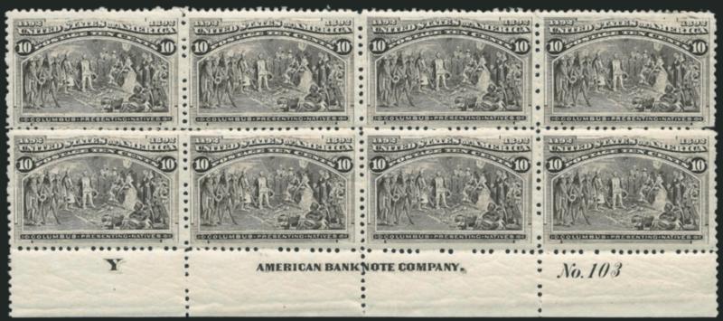 10c Columbian (237).> Bottom imprint, plate no. 103 and letter Y at left block of eight, original gum, lightly hinged, natural gum bends, crisp grayish shade, some telescoped perfs<><>^VERY FINE-EXTREMELY FINE.
A CHOICE PLATE NUMBER BLOCK OF EIGH