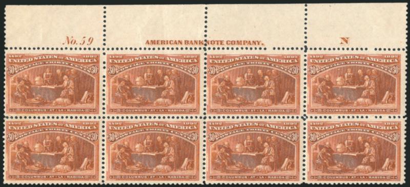 30c Columbian (239).> Top imprint, plate no. 59 and letter N at right block of eight, original gum, lightly hinged, rich color, detailed impression, Pos. 2 and Pos. 6 vertical crease and natural paper
crease<><>^FINE-VERY FINE. A SCARCE IMPRINT A