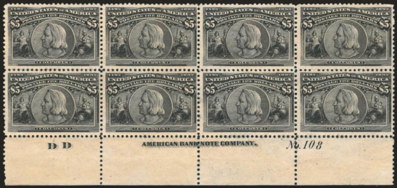 $5.00 Columbian (245).> Bottom imprint, plate no. 108 and letter D D at left block of eight, large part disturbed original gum, h.r., intense shade and impression, few perf separations expertly and sensibly
reinforced, minor light gum soaks, few sh