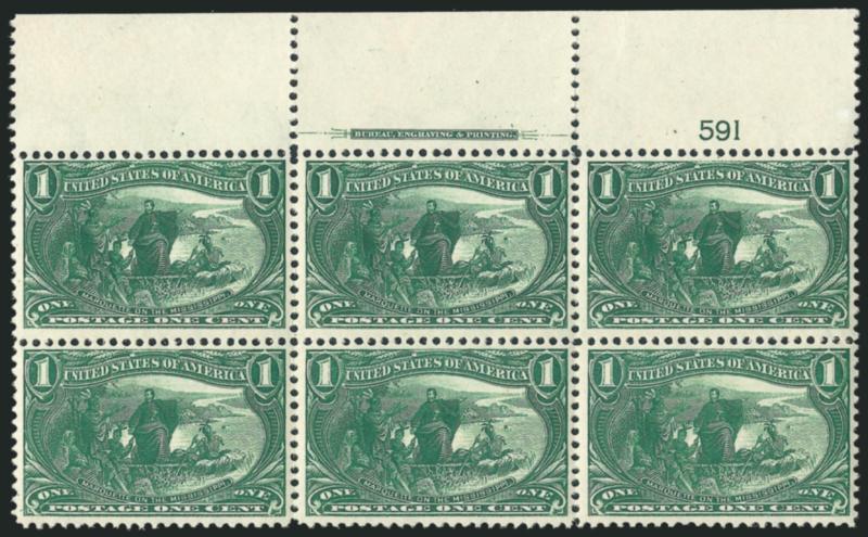 1c Trans-Mississippi (285).> Two items, first is top imprint and plate no. 591 block of six, second is Mint N.H. bottom imprint and plate no. 591 block of four, rich colors, first with few expertly rejoined
perf separations, second with natural gum b