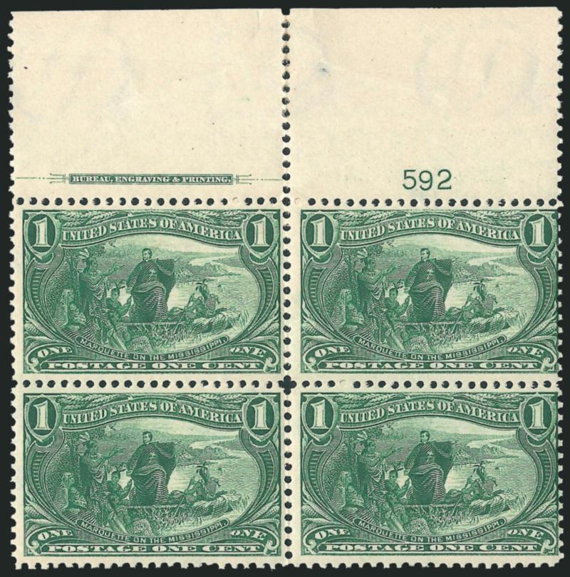 1c Trans-Mississippi (285).> Two items, top and bottom imprint and plate no. 592 blocks of four, the wide top Mint N.H. except where perf separations expertly reinforced in ungummed part of selvage, the bottom
h.r. at top and with natural gum wrinkle
