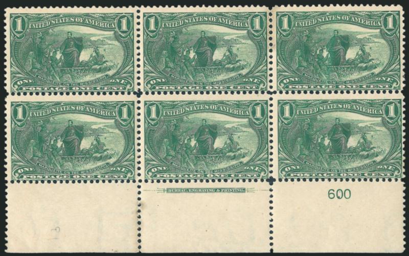 1c Trans-Mississippi (285).> Two items, first is bottom imprint and plate no. 600 block of six, lightly hinged and with some perf soiling, second is Mint N.H. top imprint and plate no. 600 block of four, few
minor perf separations, Fine