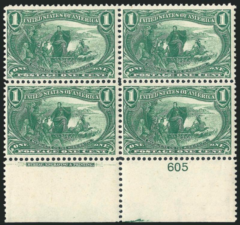 1c Trans-Mississippi (285).> Two items, top and bottom imprint and plate no 605 blocks of four, bottom Mint N.H., top original gum, Fine-Very Fine