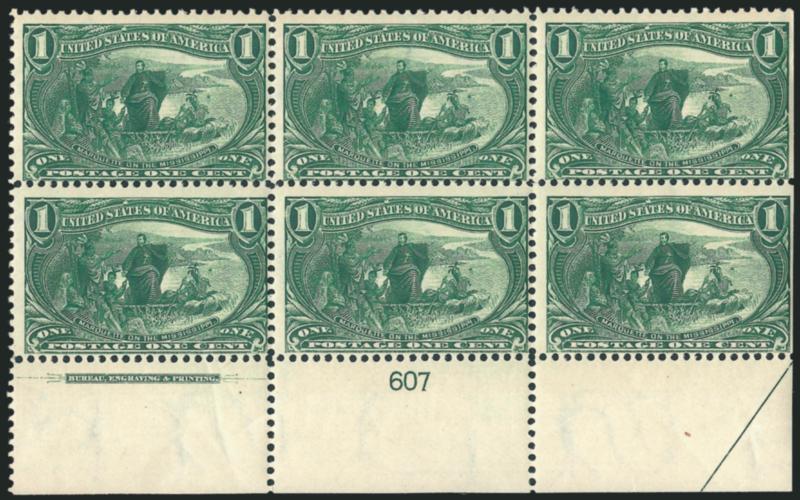 1c Trans-Mississippi (285).> Two items, first is top imprint and plate no. 607 block of four, second is bottom block of six with imprint and plate no. 607, original gum, latter slightly disturbed, Fine