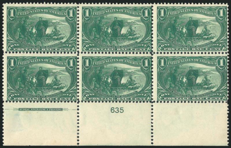 1c Trans-Mississippi (285).> Two items, first is wide bottom block of six with imprint and plate no. 635, slightly disturbed original gum, second is top imprint and plate no. 635 block of six, lightly hinged,
rich color, Fine