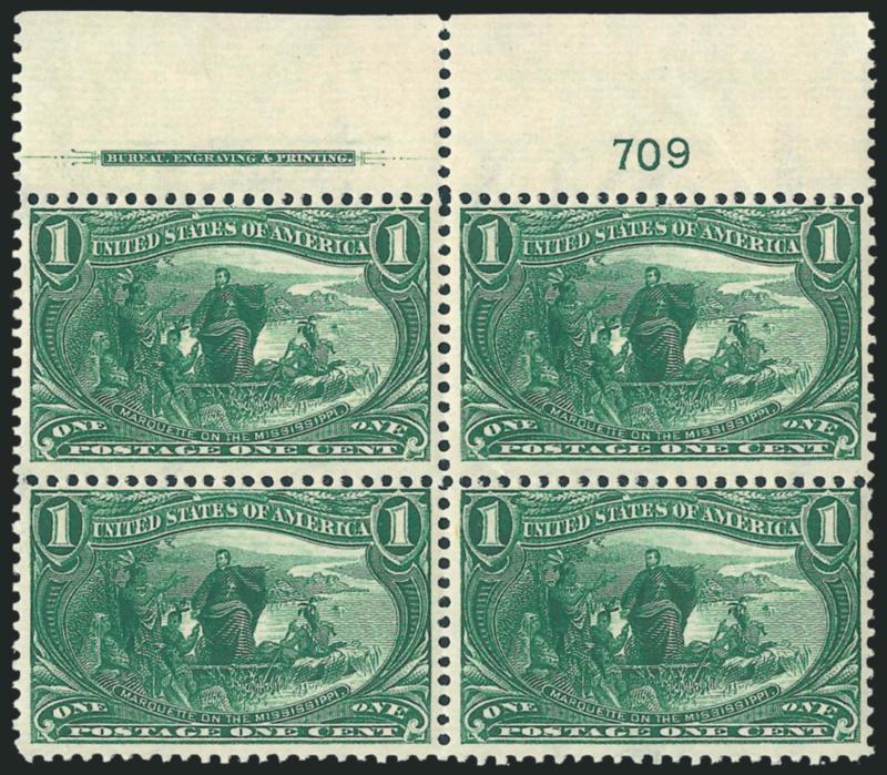 1c Trans-Mississippi (285).> Two items, top and bottom imprint and plate no. 709 blocks of four, first with traces of original gum, second full original gum, bright color, Fine