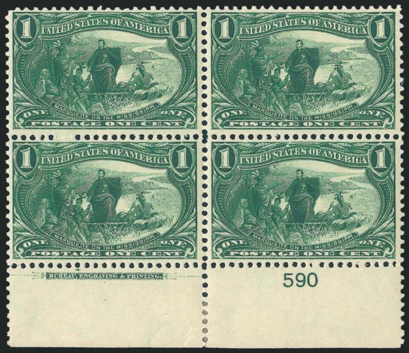 1c Trans-Mississippi (285).> Four imprint and plate no. blocks of four, two from top incl. plate nos. 598 and 612, two from bottom incl. plate nos. 590 and 601, original gum, few minor perf separations,
Fine