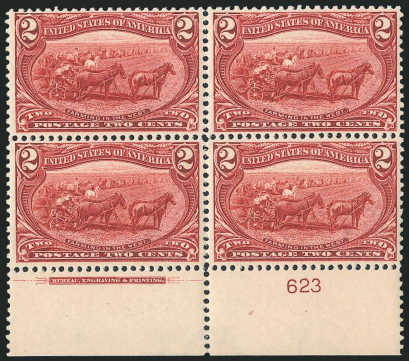 2c Trans-Mississippi (286).> Mint N.H. bottom imprint and plate no. 623 block of four, radiant color, choice centering throughout, Very Fine-Extremely Fine