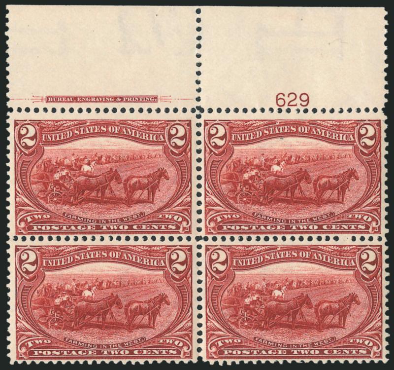 2c Trans-Mississippi (286).> Mint N.H. top imprint and plate no. 629 block of four, brilliant color, fresh and Fine-Very Fine, with 2006 P.F. certificate